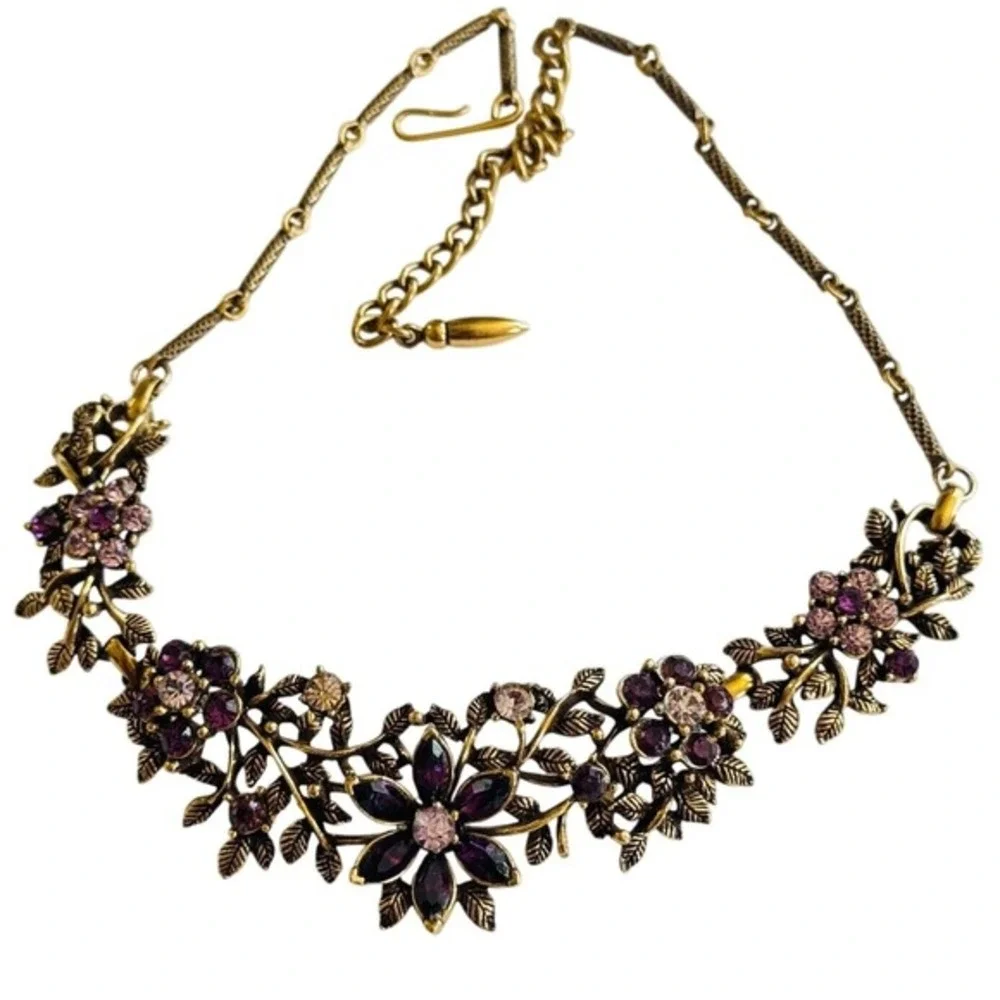 VTG‎ Flower Crystal Rhinestone Necklace Bronze Rare Regency Purple Lilac Floral
